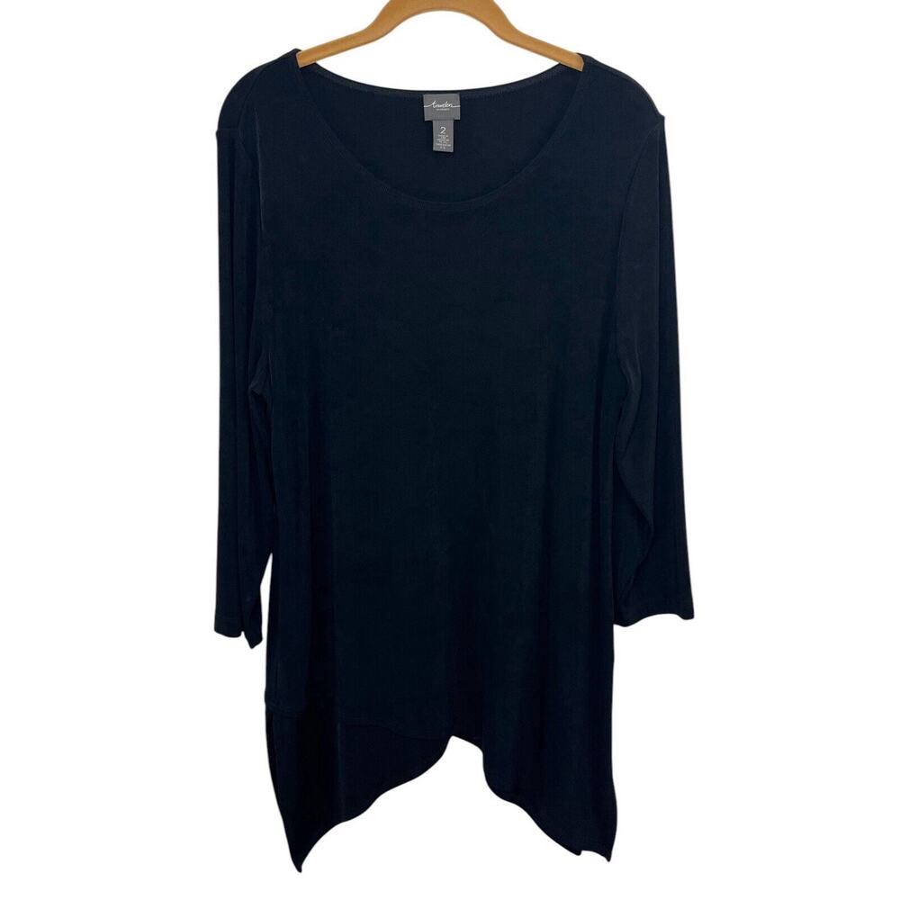 Chicos Travelers Tunic Size 2 Large Black Slinky Round Neck Asymmetric USA